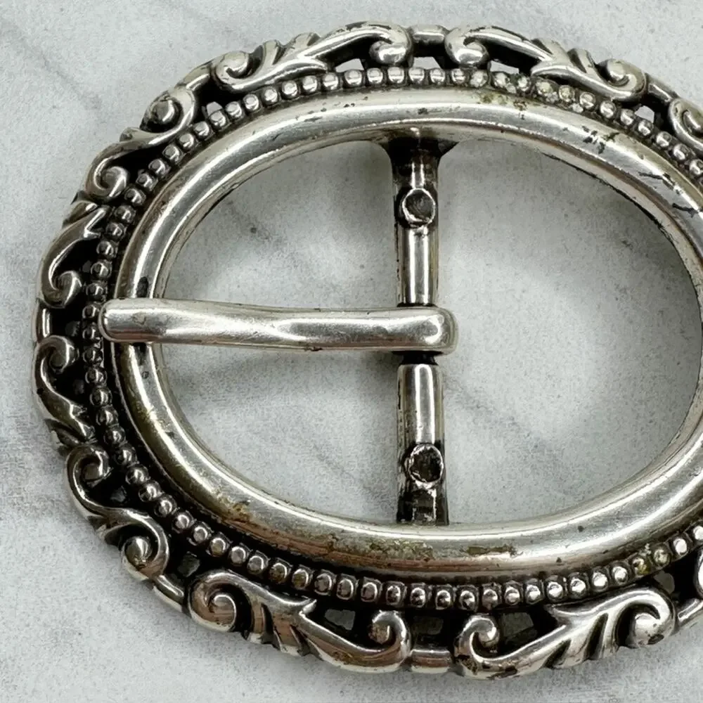 Silver Tone Oval Belt Buckle Scrollwork Filigree Border Beaded Frame Prong ✨